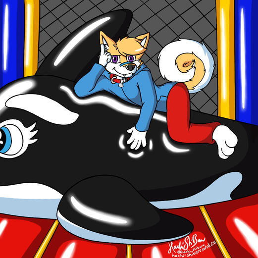 Hachi Laying on Giant Inflatable Whale Inside Bounce House